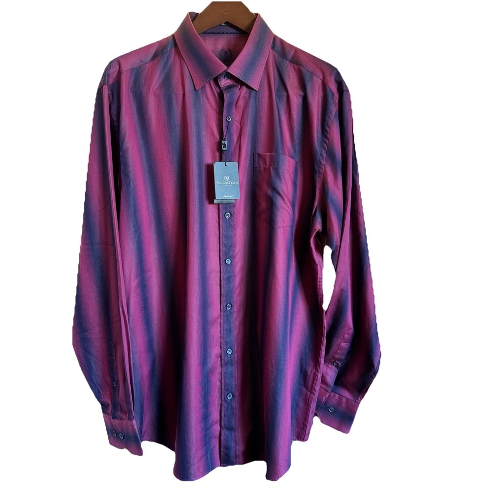 Bugatchi Classic Fit Cranberry &‎ Navy Stripe Long Sleeve Shirt 100% Cotton BNWT